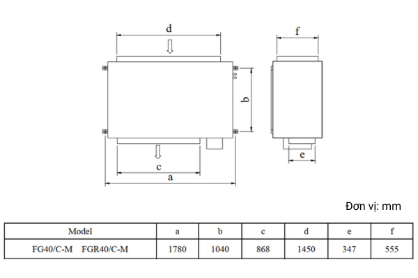 Điều hòa công nghiệp Gree FG40/C-M 3 Kích thước kỹ thuật dàn lạnh FG40C-M