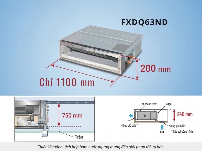 Kích thước dàn lạnh Daikin FXDQ63NDVE Bản vẽ kích thước kỹ thuật dàn lạnh Daikin FXDQ63NDVE 200x1100x620mm